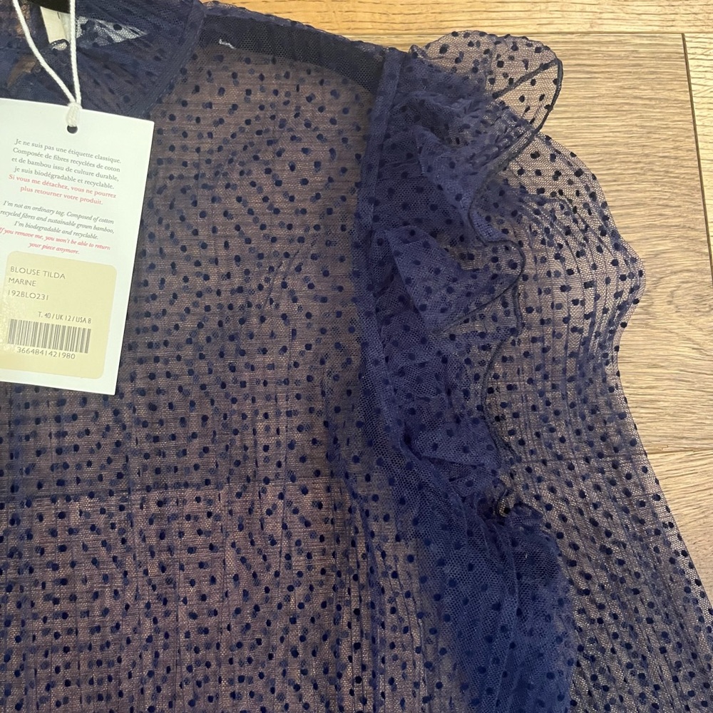 Sézane Navy Sheer Polka Dot Ruffle Blouse - Picture 6 of 8